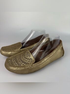 UGG Women Clair Metallic Loafer Gold Shoes Cut Out Slip On Flat Size 8.5
